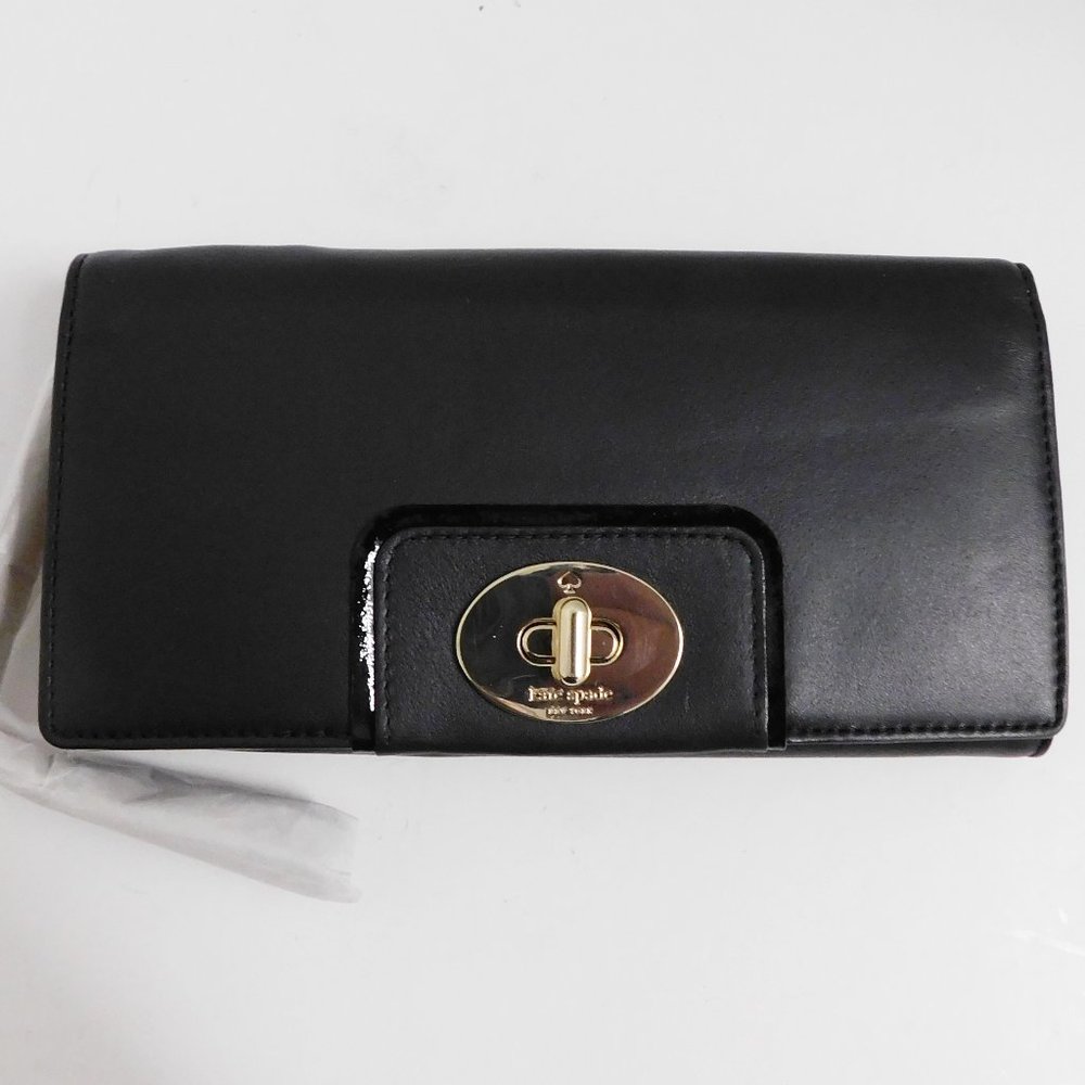 New Kate Spade Turnlock Mara Hampton Road Black Leather‎ Clutch Wallet